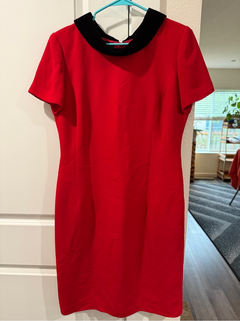 Vintage 1980’s- Elegant Red Shift Dress with Black Velvet Collar